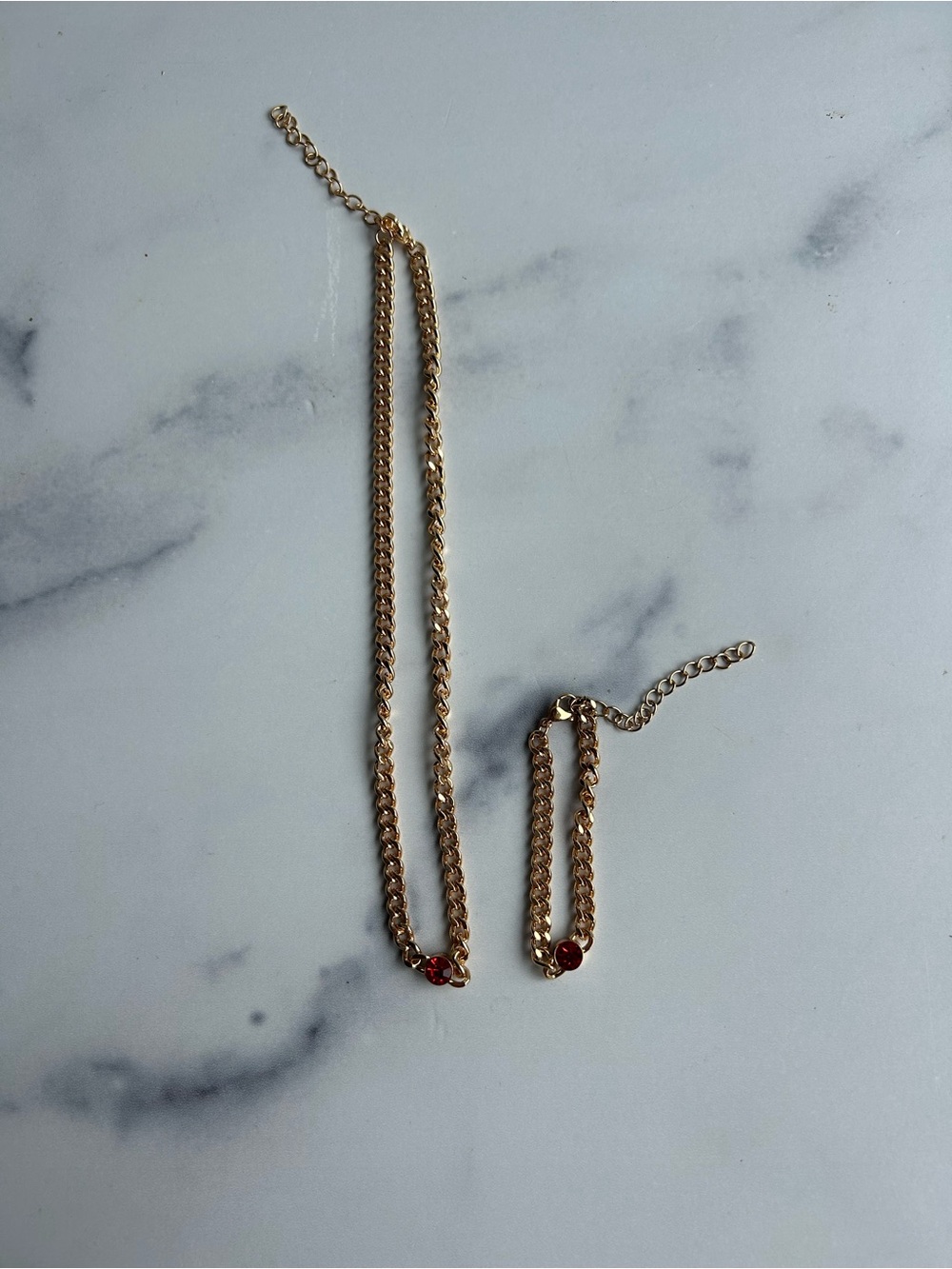 Gold Chain Necklace and Bracelet Set with Red Stone Accent